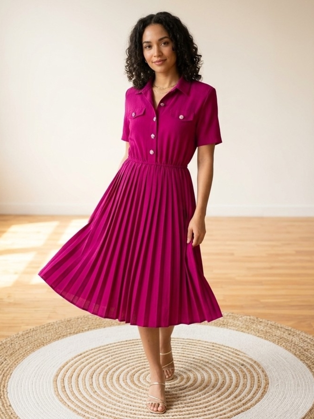 Vintage 80s Leslie Fay Fuchsia Pleated Shirt Midi Dress Secretary Retro Chic 10P